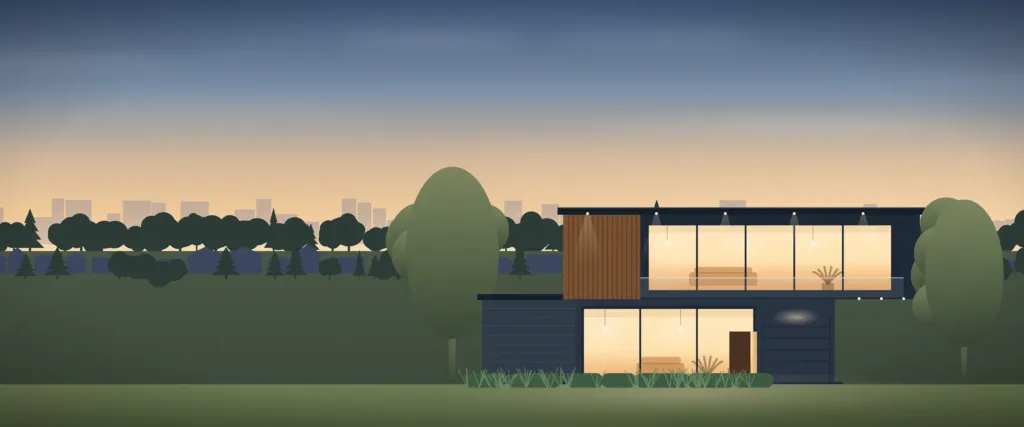 Illustration: modern family home with warm interior light at sunset.