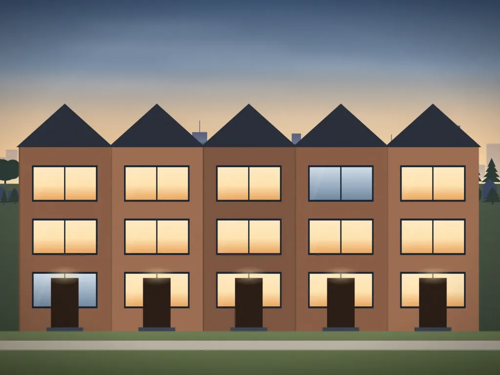 Illustration: brick townhouses along a leafy street at golden hour.